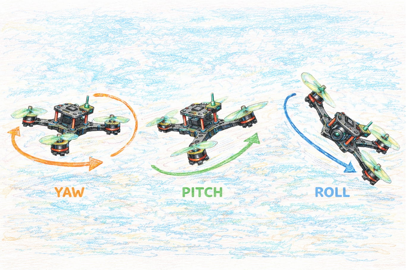 Drone flight attitudes — Yaw, Pitch, Roll