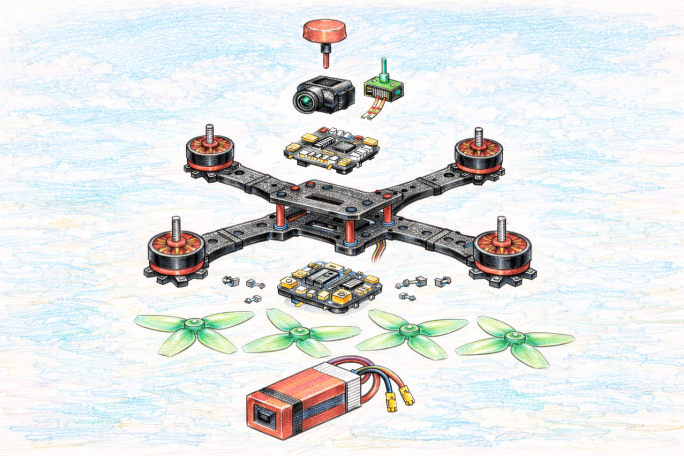 Exploded drone view showing all components