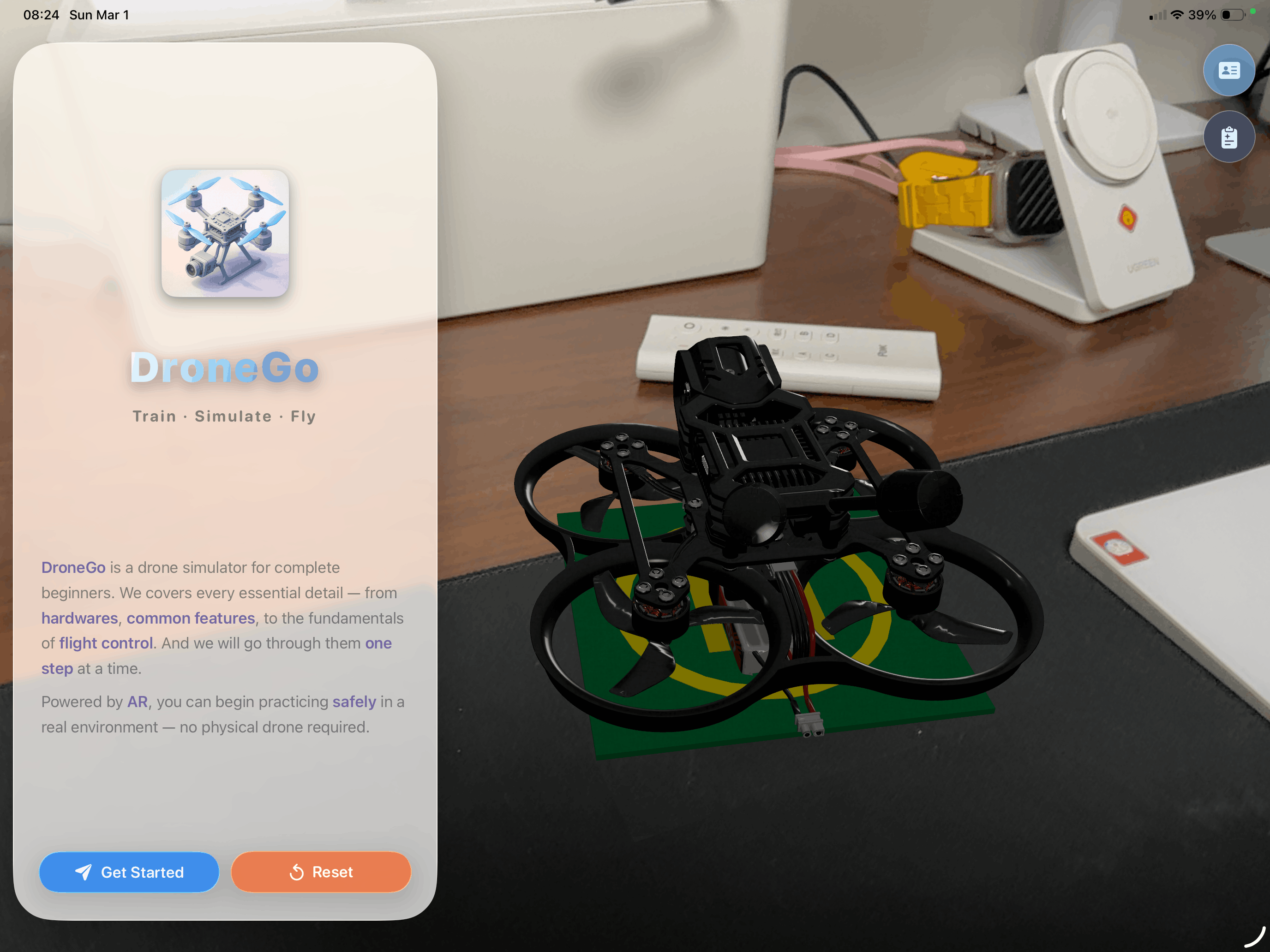 DroneGo on iPad — AR drone placed on desk with welcome screen